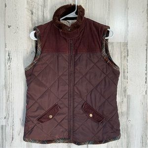 CAbi Quilted Burgundy Vest with Faux Fur Collar